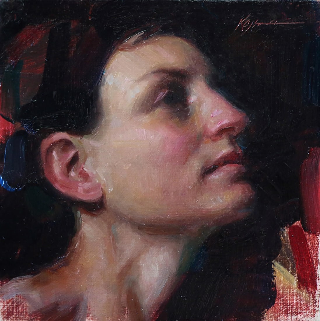 Senses by Karen Offutt | Oil on Panel Portrait of a Woman's Profile: This oil on panel work captures the contemplative expression of a woman, her profile illuminated by subtle light that accentuates the delicate contours of her face. The rich, expressive brushwork