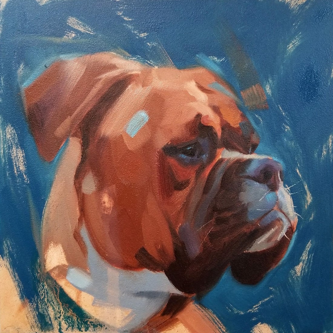 Boxer by Ryan Morse | Oil on panel Portrait of a brown boxer dog.: This oil on panel painting captures the profile of a boxer dog, showcasing its distinctive features with bold brushstrokes and a vibrant color palette. The deep blue background enhances the warm