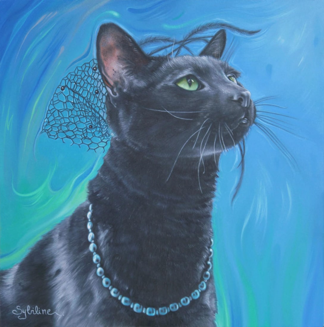 Lady in Black by Sybiline | Oil on panel Portrait of a black cat with a necklace against a blue back: This oil on panel artwork features a striking black cat adorned with a delicate necklace, exuding an air of regality. The vivid blue background contrasts beautifully with the cat's glossy fur and