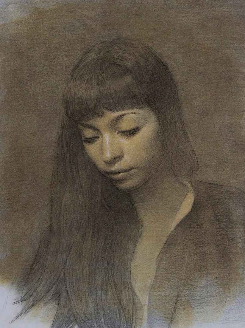 Untitled 11 by Mark Bradley Schwartz | Oil on board portrait of a woman with long hair.: Untitled 11 features a contemplative figure rendered in soft, muted tones, creating a serene atmosphere. The delicate handling of oil on board highlights the subject's gentle features and