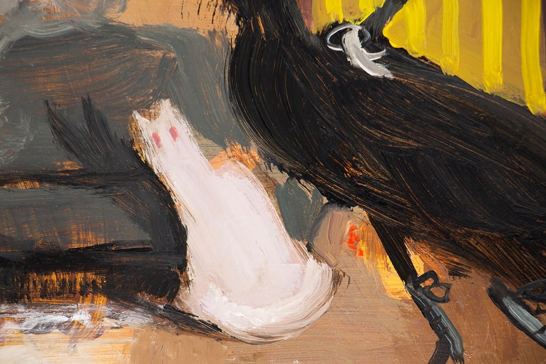 Smoking Lady by Nadezda | Oil on panel Woman in black dress smoking with a cat nearby. - 2