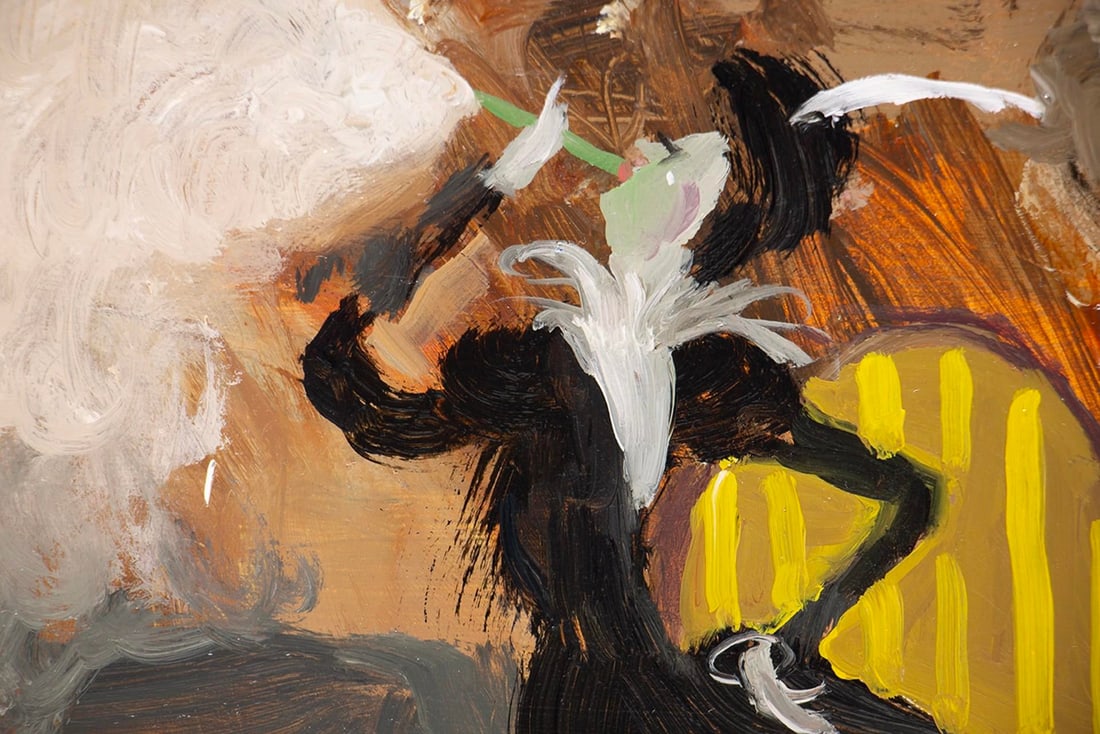 Smoking Lady by Nadezda | Oil on panel Woman in black dress smoking with a cat nearby. - 3