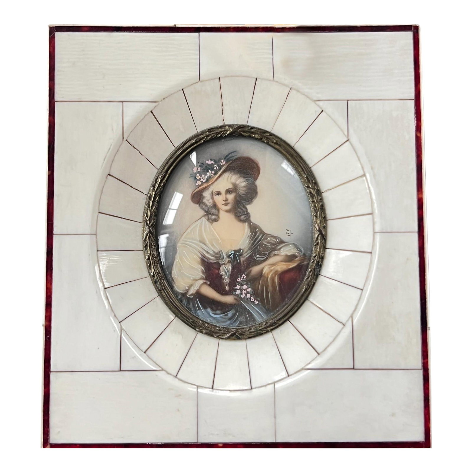 Antique miniature portrait in beautiful frame with gold-tone liner // original antique art // portra: This is a beautiful antique portrait of a woman that is framed in a gorogeous little frame with a gold-tone metal frame liner just next to the curved glass that covers the portrait. The detail is