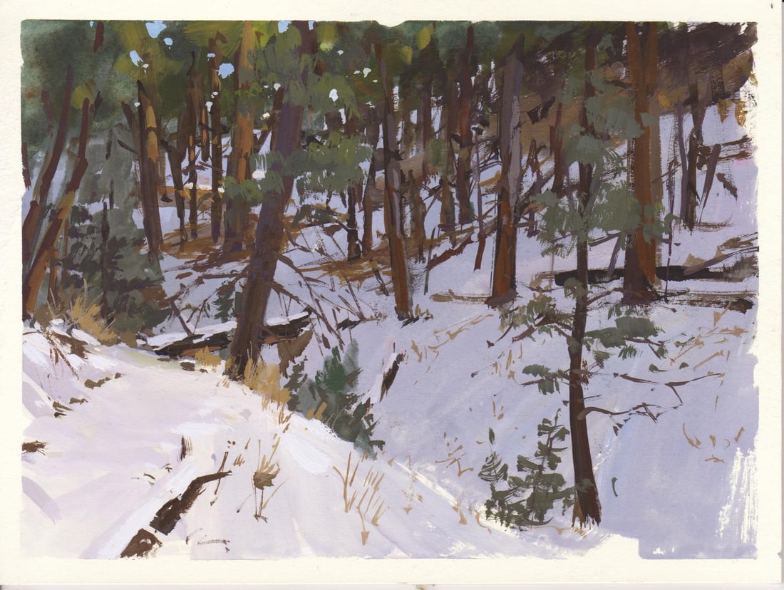 004 - Plein Air-O'Fallon Park, CO, 1/12/22 by Judd Mercer | Gouache Painting of a snowy forest scene: This gouache work captures a serene winter scene in O'Fallon Park, showcasing a landscape blanketed in snow beneath a canopy of towering trees. The artist employs bold strokes and a limited color