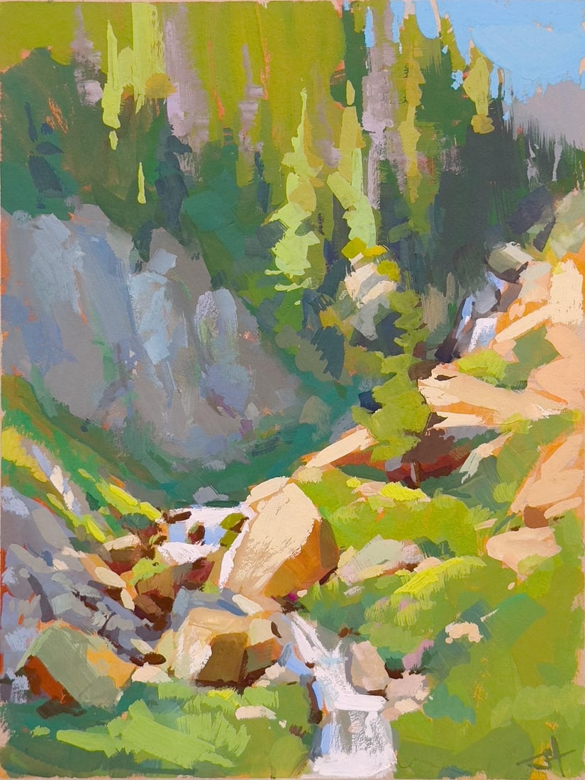 With the Flow by Judd Mercer | Gouache Landscape with a flowing stream and rocky terrain: This gouache work captures a serene landscape, where a gentle stream weaves through lush greenery and rugged rocks. The vibrant colors and bold brushstrokes convey a sense of vitality and movement,
