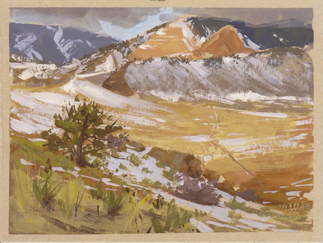 009 - Plein Air-Morrison, CO, 2/9/22 by Judd Mercer | Gouache Landscape of Morrison, Colorado: This gouache painting captures a sweeping landscape of Morrison, Colorado, showcasing the dynamic interplay of light and shadow across the rugged terrain. The artist employs bold brushstrokes to
