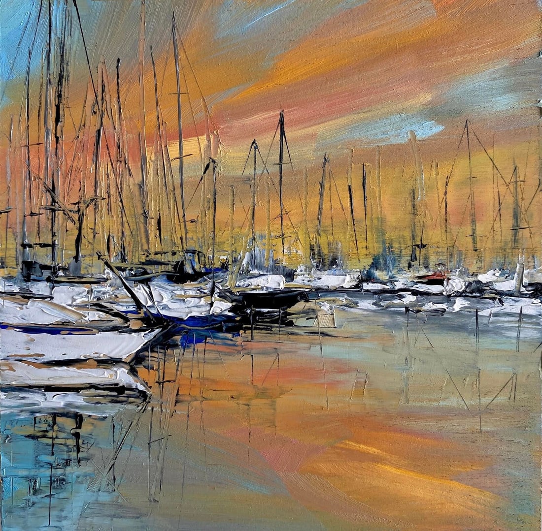 Fire in the Sky by Leigh Ann Van Fossan | Oil on cradled panel Boats and masts at sunset.: This oil painting captures a vibrant marina scene at sunset, where boats gently bob in the water beneath a sky ablaze with hues of orange, pink, and gold. The thick, expressive brushstrokes convey a