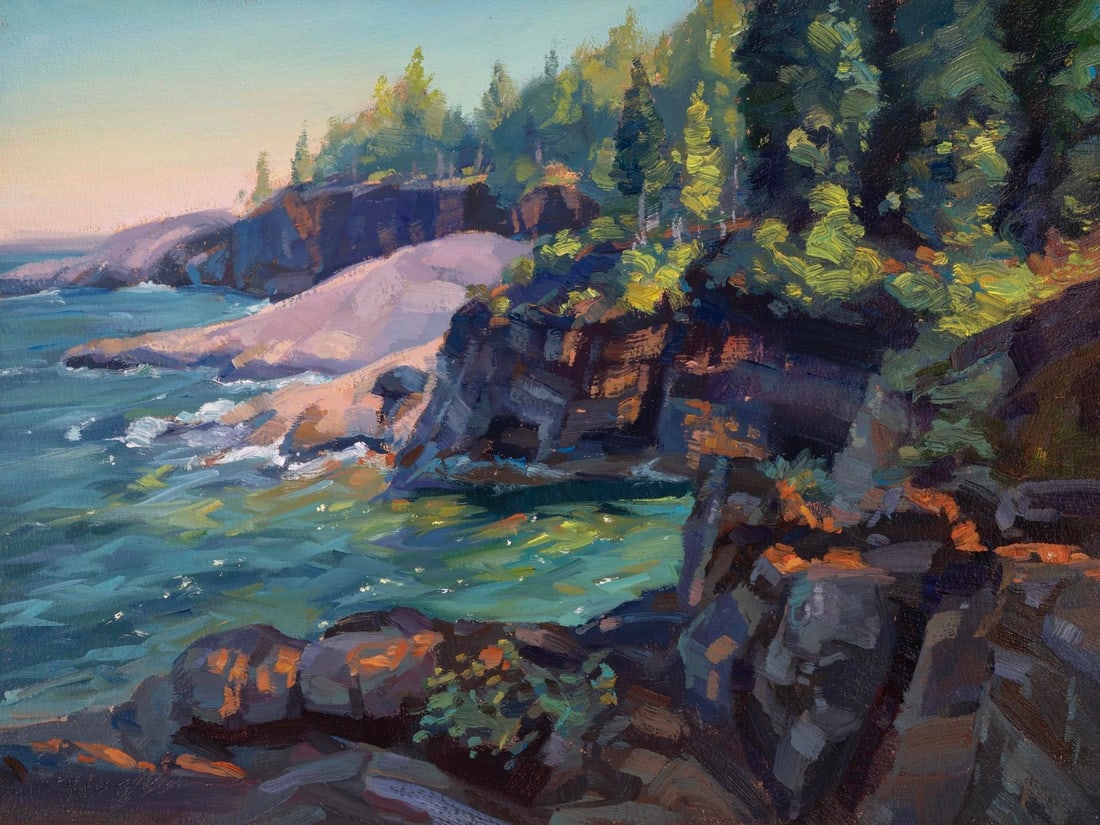 Presque Isle (Day 108), May 30, 2024 by Primary Hughes | Oil Painting of a coastal landscape: This oil painting captures a serene coastal scene at Presque Isle, showcasing rugged cliffs adorned with vibrant greenery and gently lapping waves below. The play of light across the rocks and water