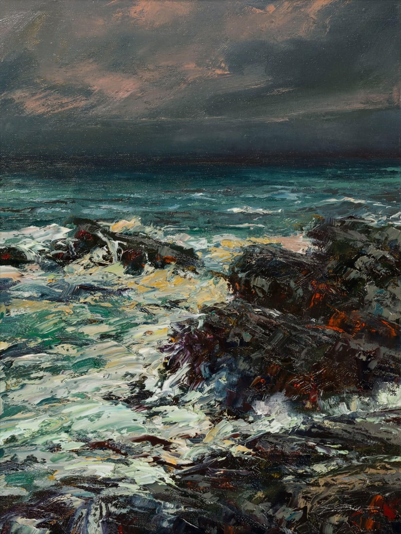 Coast Storm by Sparky LeBold | Oil on canvas depicting turbulent waves crashing on rocky shore.: This oil on canvas artwork captures a tumultuous coastal scene, where dark storm clouds loom over crashing waves that tumultuously collide with rugged rocks. The dynamic brushwork conveys a sense of