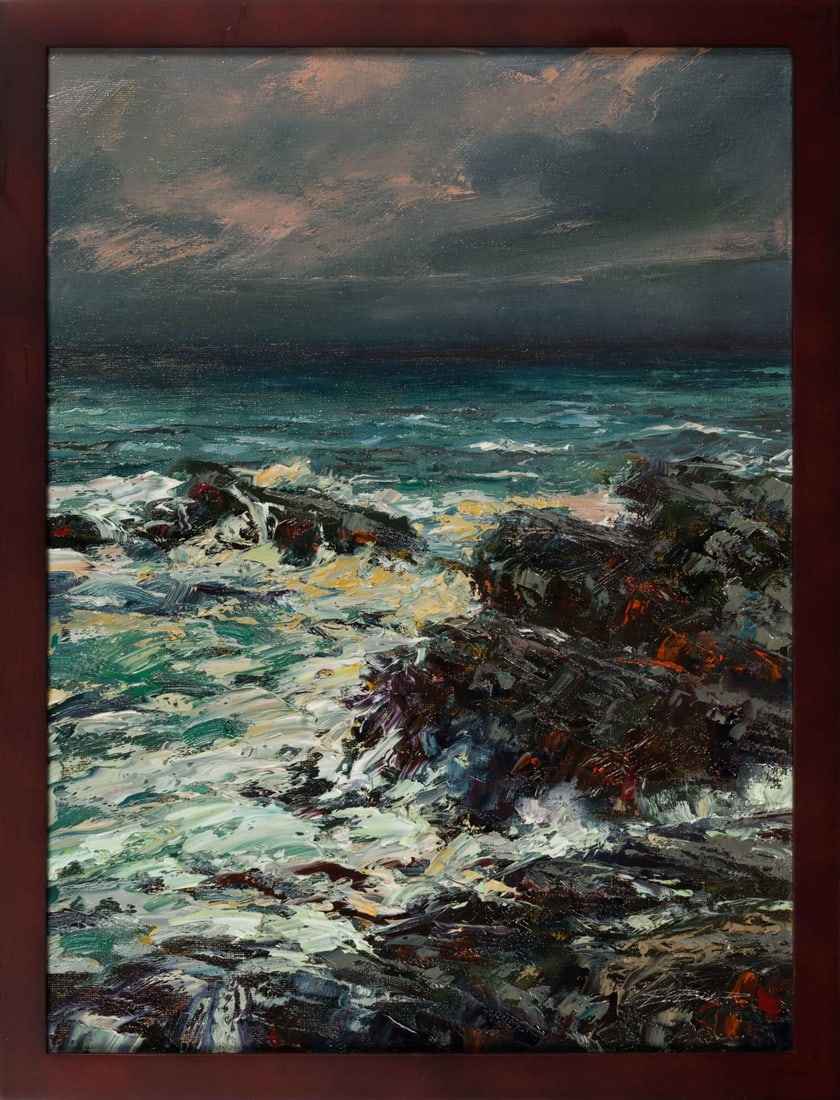 Coast Storm by Sparky LeBold | Oil on canvas depicting turbulent waves crashing on rocky shore. - 2