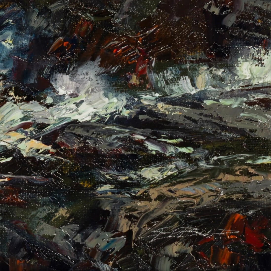 Coast Storm by Sparky LeBold | Oil on canvas depicting turbulent waves crashing on rocky shore. - 4