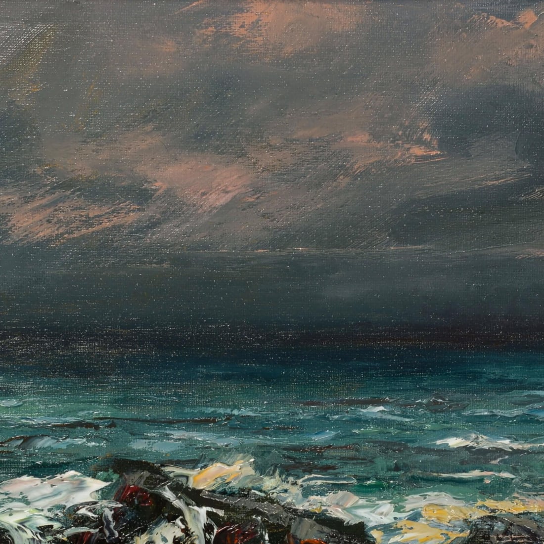 Coast Storm by Sparky LeBold | Oil on canvas depicting turbulent waves crashing on rocky shore. - 5