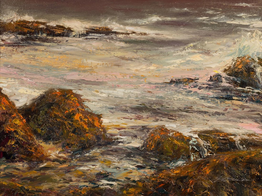 Grey Sea by Sparky LeBold | Oil Painting of a turbulent sea with rocky shorelines: The artwork captures a turbulent grey sea, where waves crash against rugged rocks, evoking a sense of raw energy and movement. The artist employs a rich, textured application of oil paint,