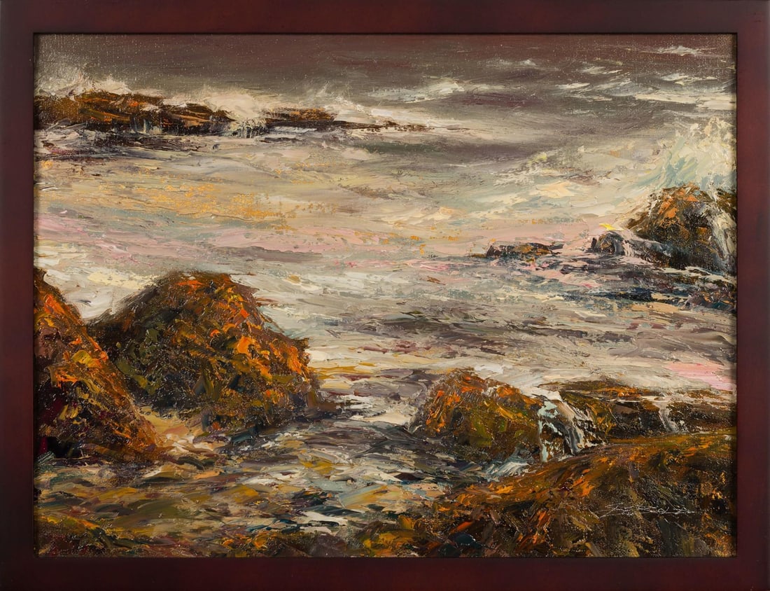 Grey Sea by Sparky LeBold | Oil Painting of a turbulent sea with rocky shorelines - 2