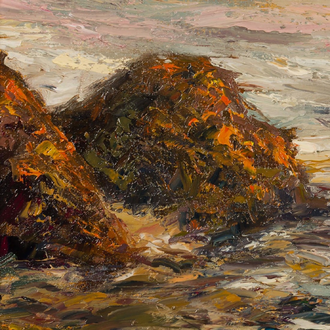 Grey Sea by Sparky LeBold | Oil Painting of a turbulent sea with rocky shorelines - 4