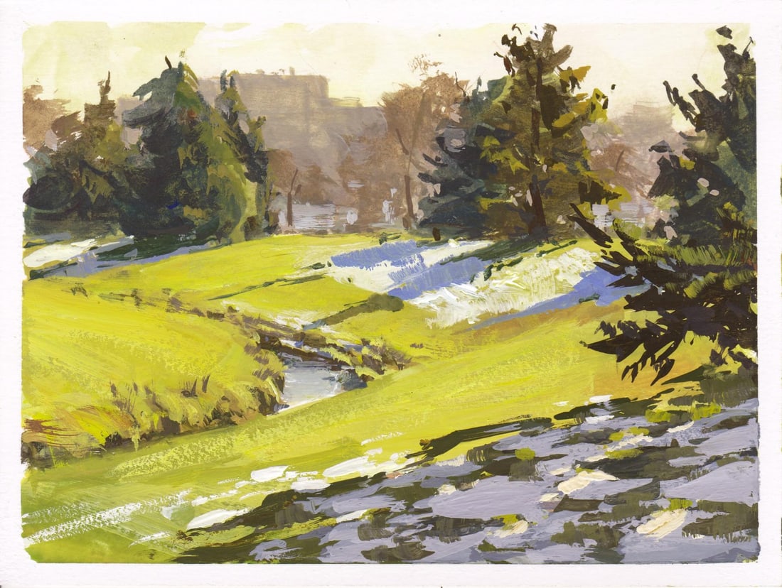 005 - Plein Air-Englewood, CO, 1/20/22 by Judd Mercer | Gouache Landscape of a green field with tree: This gouache painting captures a serene landscape in Englewood, Colorado, showcasing a gentle stream winding through vibrant green fields. The interplay of light and shadow creates a tranquil atmosphe
