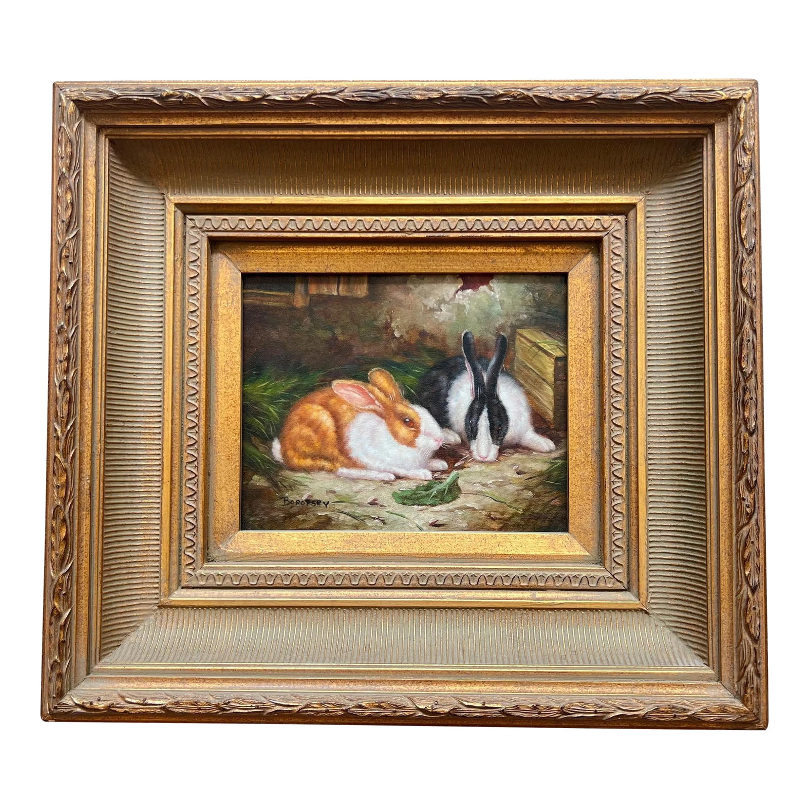 1980s Beautiful original, signed oil painting of bunnies // gallery wall // framed artwork // home d: This is a sweet, framed oil painting of bunnies sharing a lettuce leaf that is mounted in thick gold-tone frame with pale verdegris accents. It would be perfect for adding to a gallery wall, or for