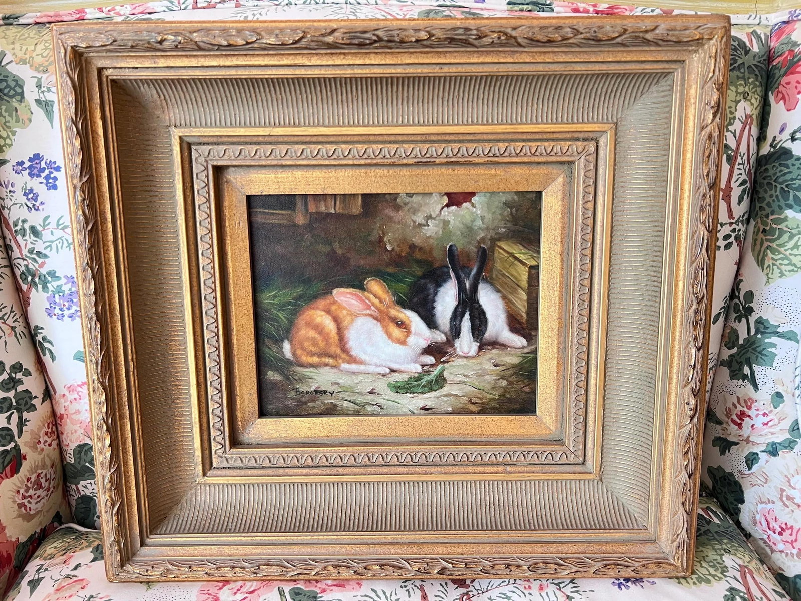1980s Beautiful original, signed oil painting of bunnies // gallery wall // framed artwork // home d - 6