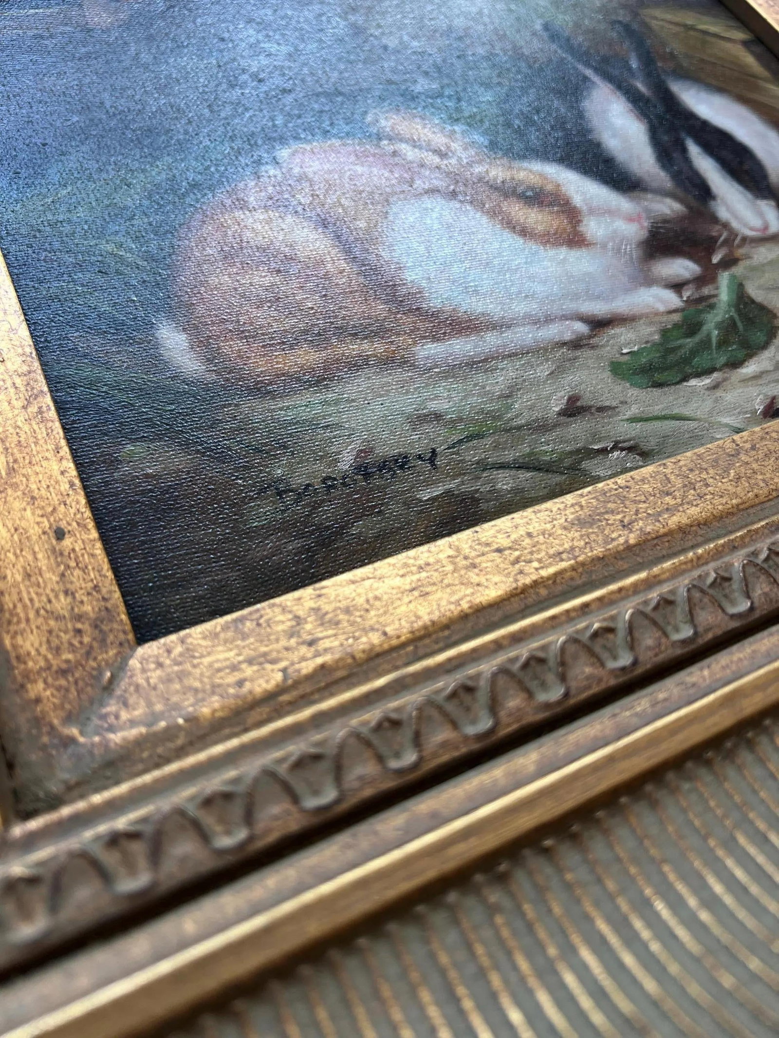 1980s Beautiful original, signed oil painting of bunnies // gallery wall // framed artwork // home d - 7