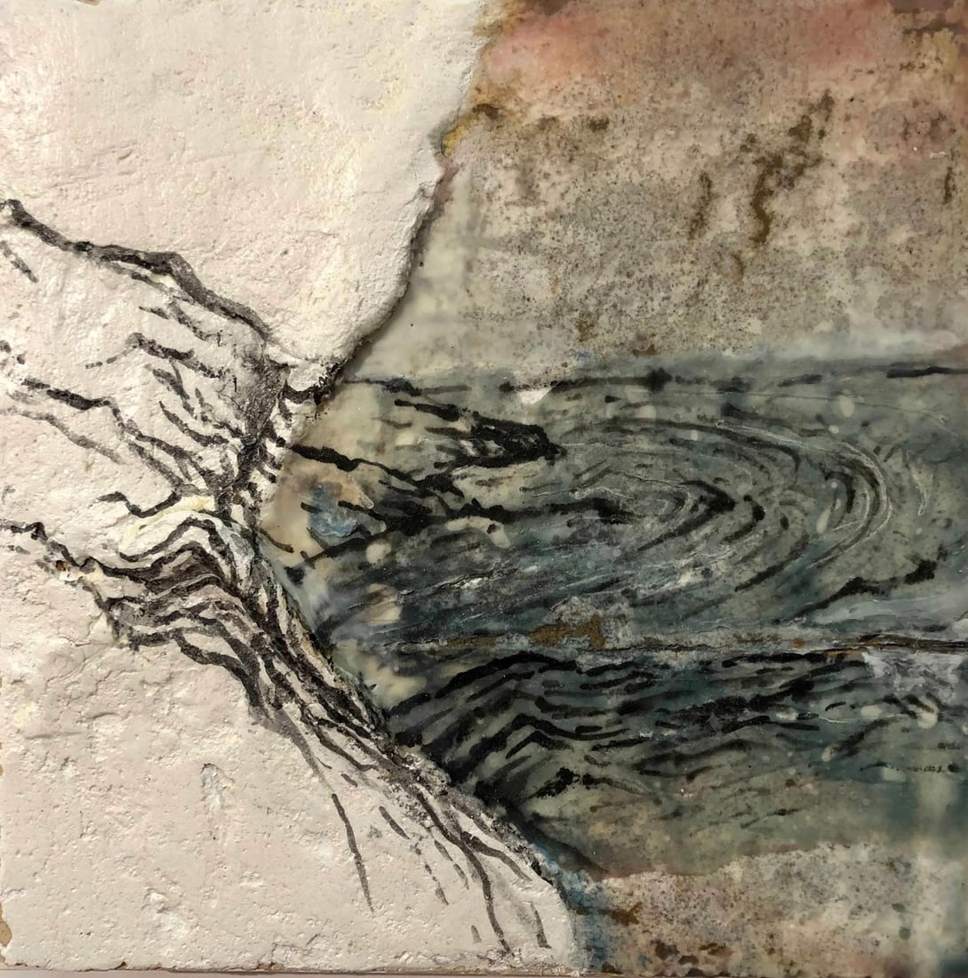 Solitude by Cindy Shih | Encaustic, sumi Ink, and plaster on wood abstract landscape scene: Solitude presents a textured interplay of encaustic, sumi ink, and plaster on wood, creating a serene landscape that evokes a sense of isolation. The swirling forms and subtle color gradations suggest