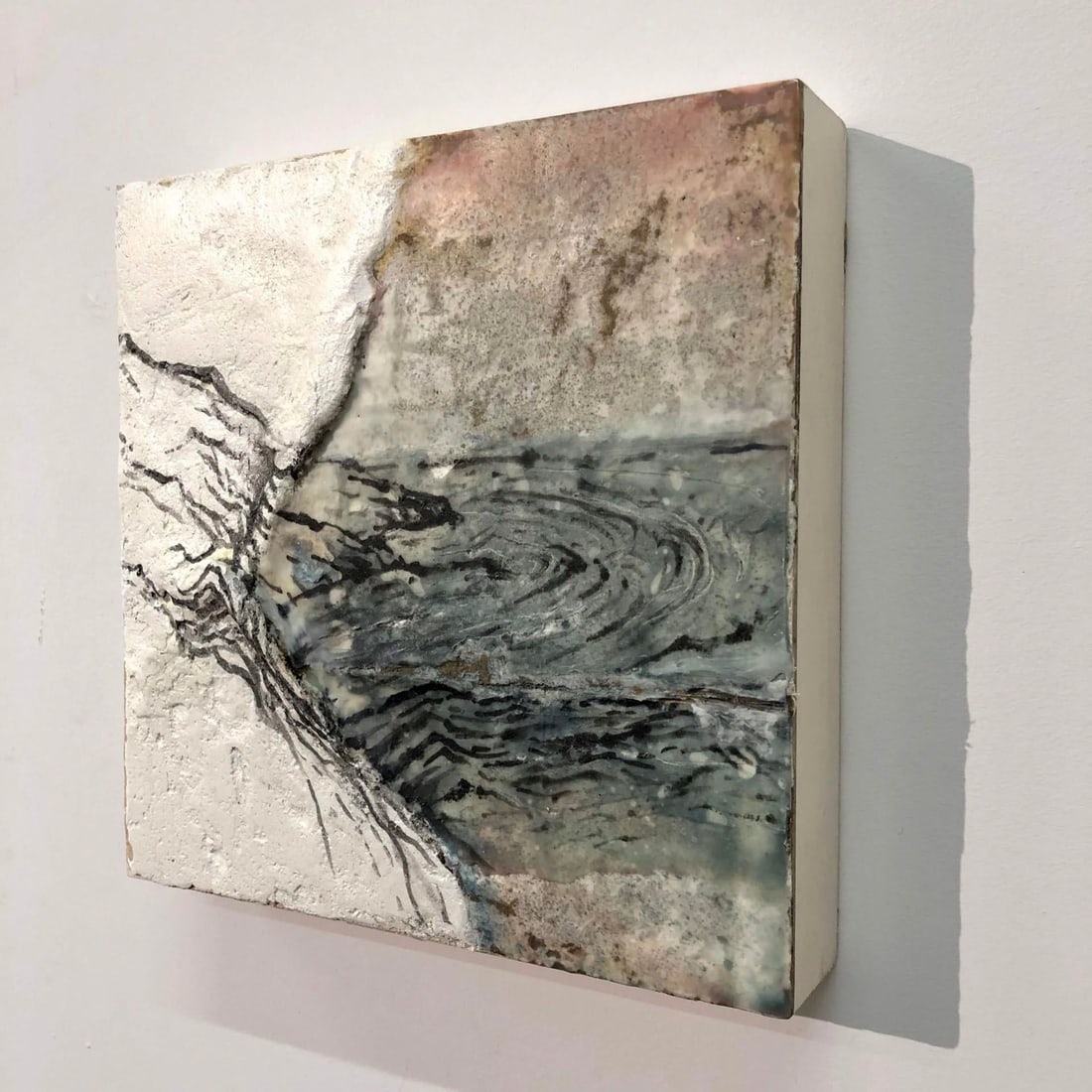 Solitude by Cindy Shih | Encaustic, sumi Ink, and plaster on wood abstract landscape scene - 2
