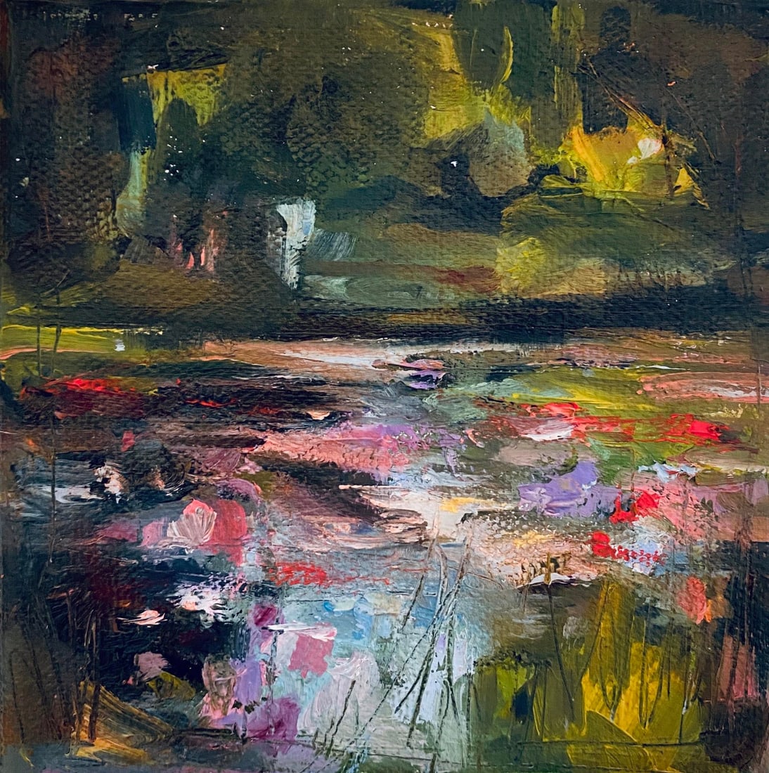 Le Jardin de Monet, I by Leigh Ann Van Fossan | Oil on canvas Impression of a garden pond with flowe: This oil on canvas artwork captures a serene garden scene with a vibrant interplay of colors, reminiscent of blooming flowers reflected on water. The brushwork is expressive, with thick, textured