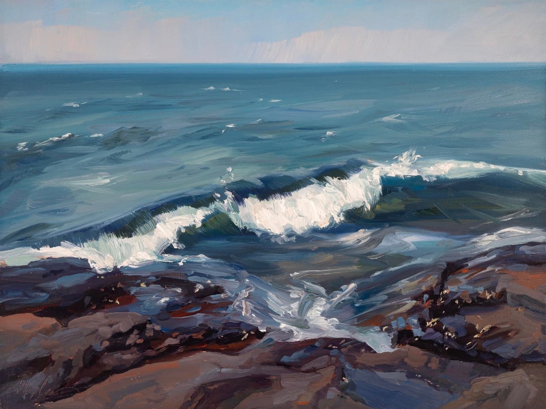 Presque Isle (Day 121), June 23, 2024 by Primary Hughes | Oil on gessobord Seascape with waves and r: This oil painting captures the dynamic interplay between land and sea, depicting waves crashing against rocky shores under a vast sky. The brushwork conveys a sense of movement and energy, with