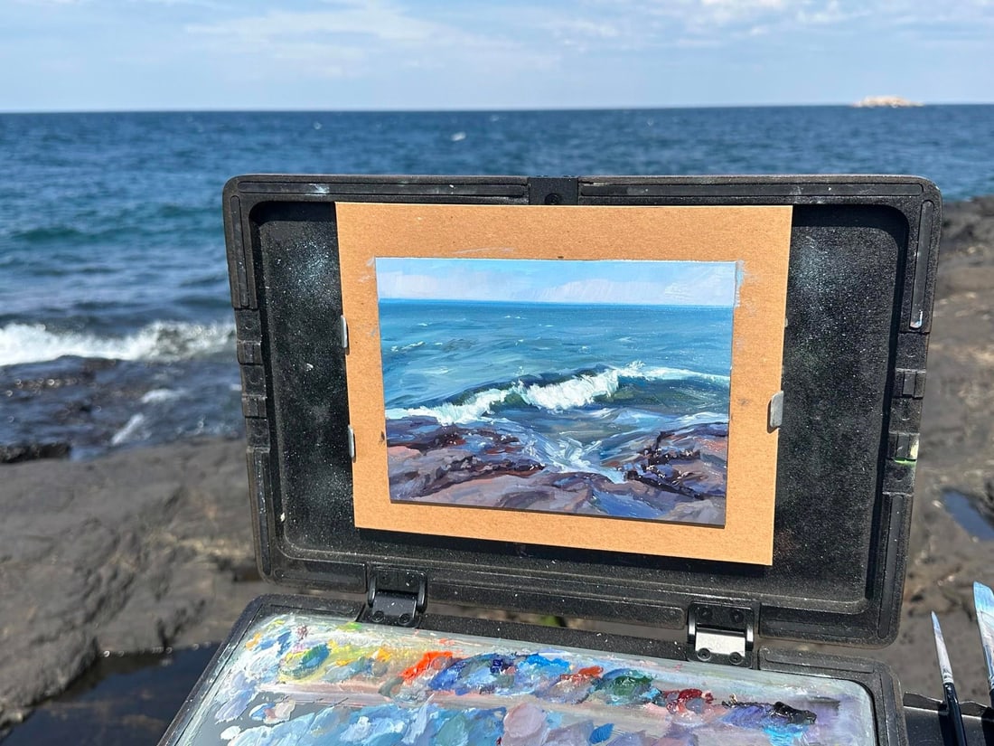 Presque Isle (Day 121), June 23, 2024 by Primary Hughes | Oil on gessobord Seascape with waves and r - 2