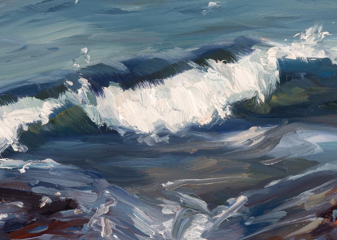 Presque Isle (Day 121), June 23, 2024 by Primary Hughes | Oil on gessobord Seascape with waves and r - 4