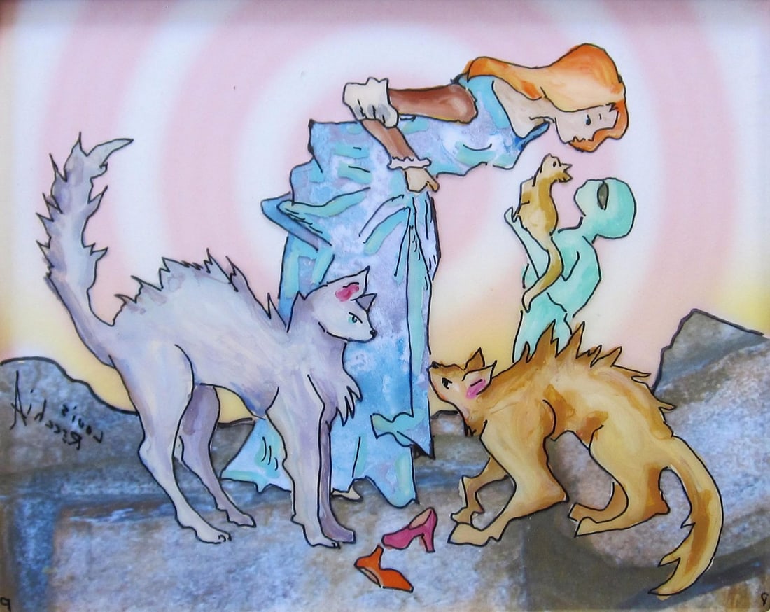 Cat Lovers by Louis Recchia | Mixed-media acrylic on plexiglas depicting a woman with cats and child (1 of 5)