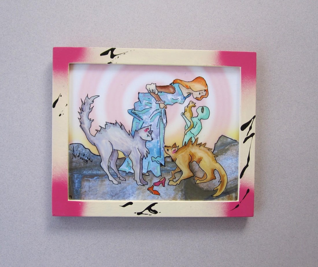 Cat Lovers by Louis Recchia | Mixed-media acrylic on plexiglas depicting a woman with cats and child - 2