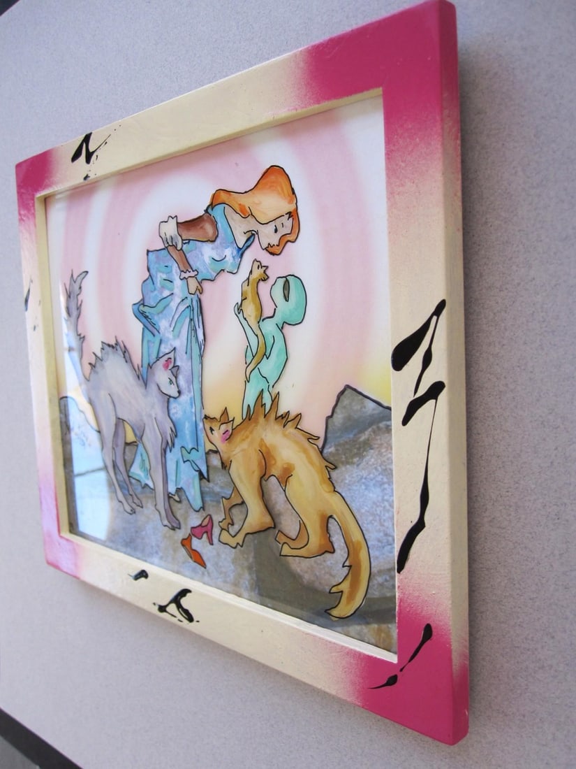 Cat Lovers by Louis Recchia | Mixed-media acrylic on plexiglas depicting a woman with cats and child - 3