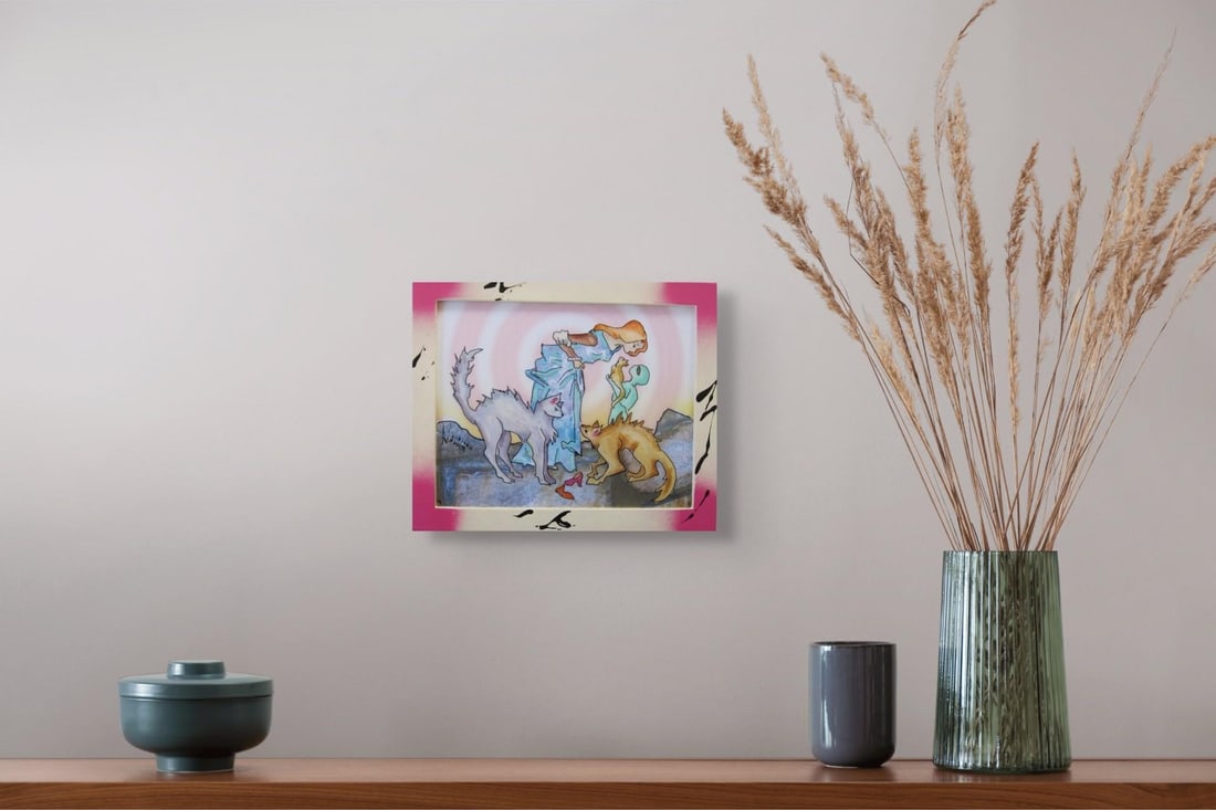 Cat Lovers by Louis Recchia | Mixed-media acrylic on plexiglas depicting a woman with cats and child - 5