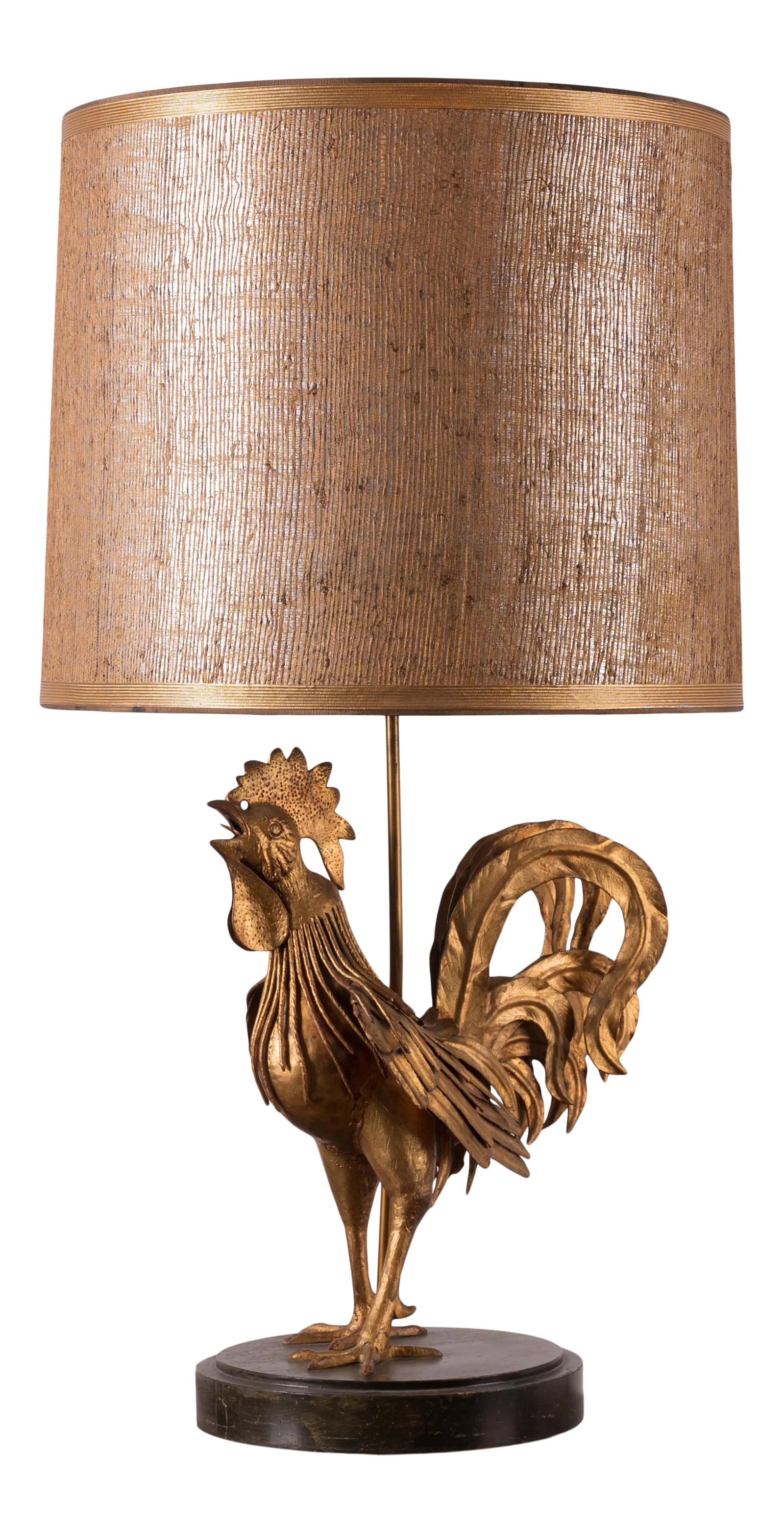 Italian Metal Art Rooster Lamp, C.1960s: A 1960s Italian metal art rooster lamp with original shade. 18 inches wide by 33 inches tall overall rooster alone measures 13 1/2 inches wide by 7 1/2 inches deep by 16 inches tall Condition: Alterat