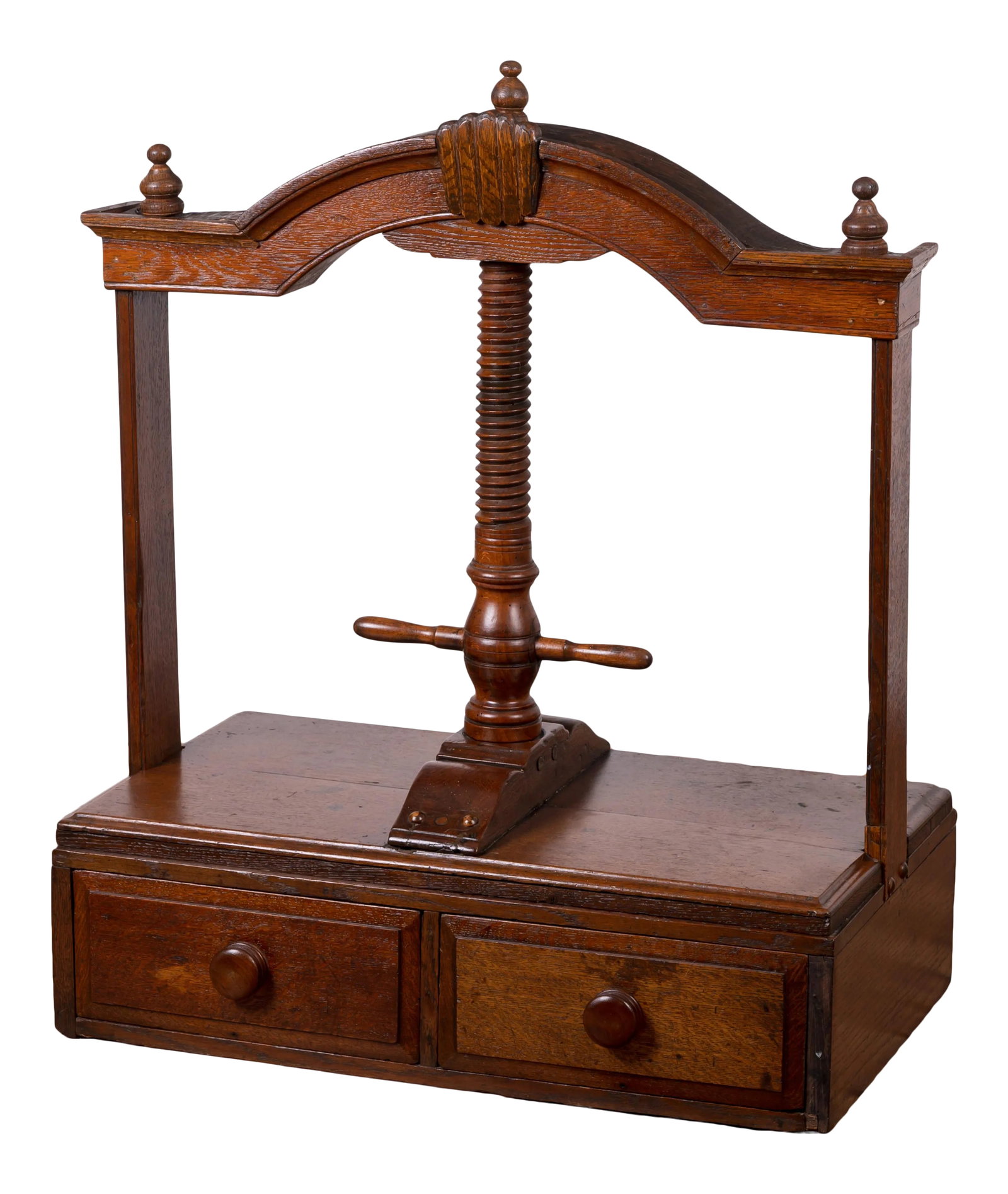 Georgian Oak Book Press: An 18th century George III oak book press with two drawers. 32 1/2 inches wide by 20 inches deep by 36 inches tall Condition: Alterations: Original Condition Unaltered Imperfections: Some