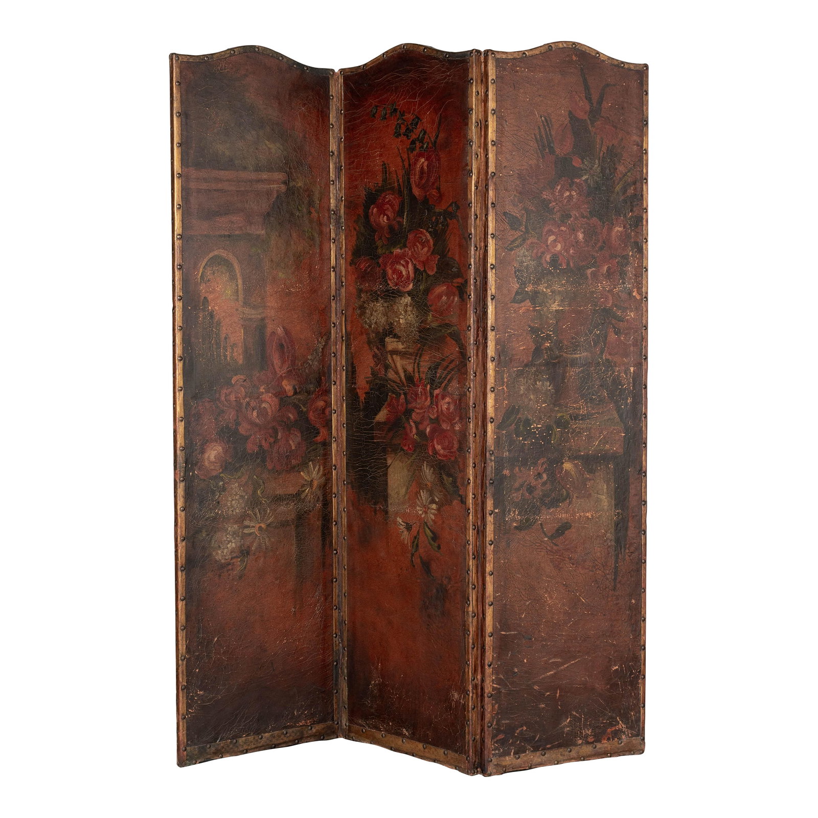 Vintage Spanish Baroque Painted Leather Folding Screen: A Spanish Baroque style leather three panel folding screen, hand-painted in rich warm shades of red and brown with large floral urns. Stretched over a wood frame with embossed gilt trim and brass nail