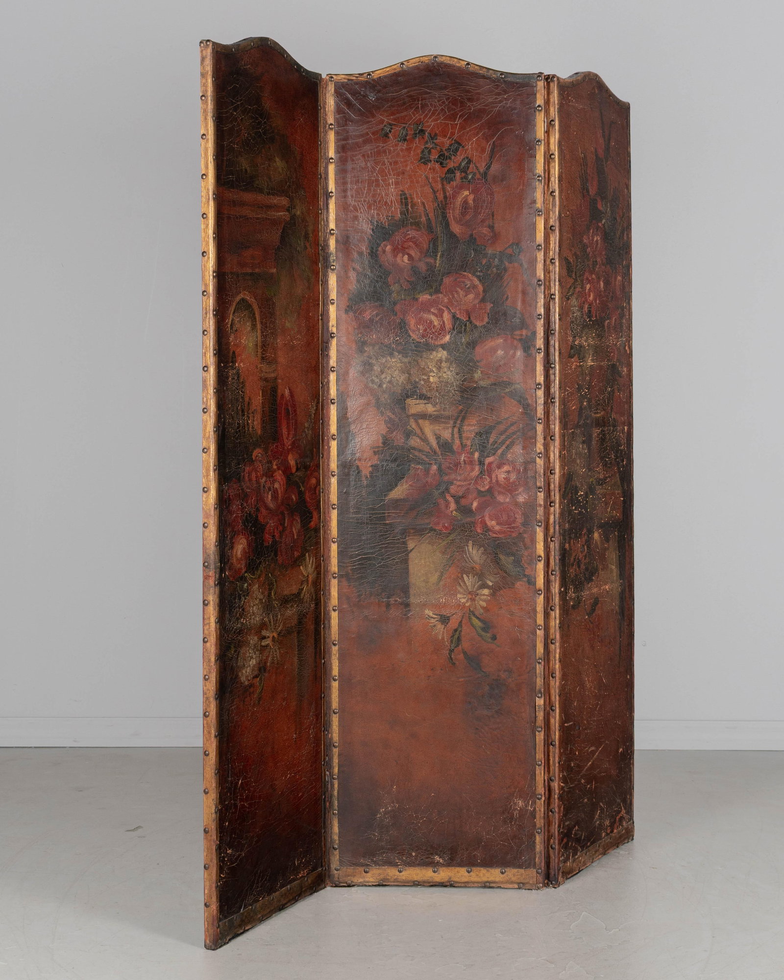Vintage Spanish Baroque Painted Leather Folding Screen - 2