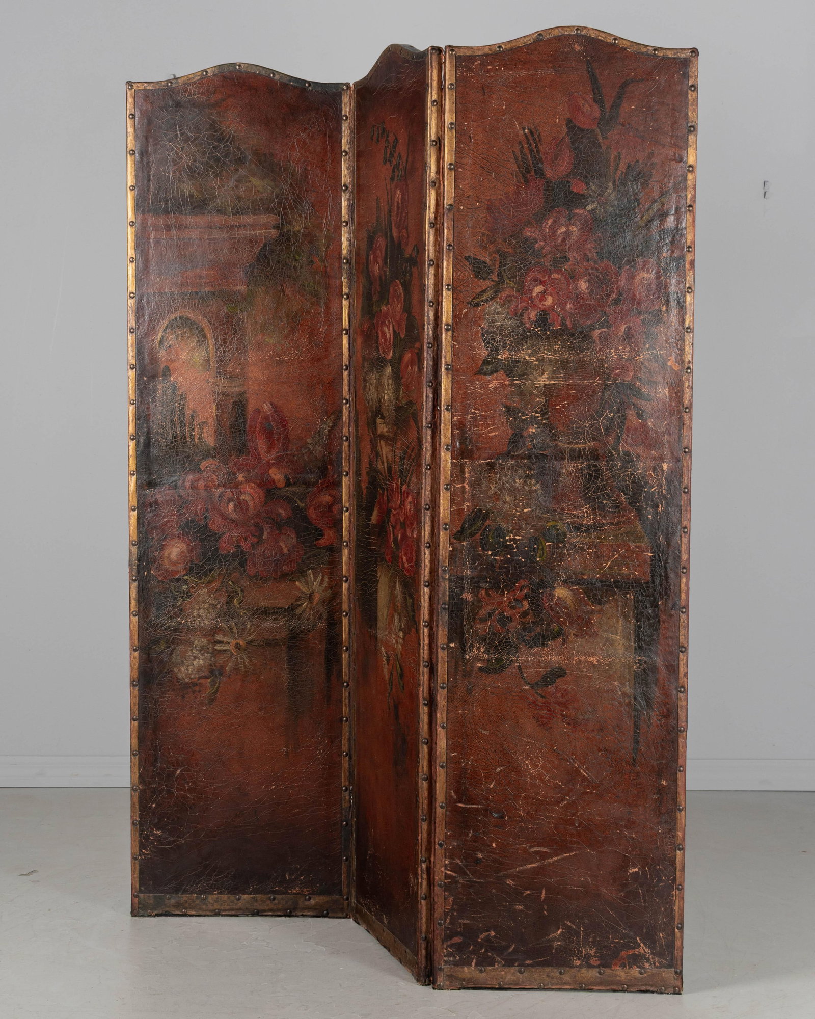Vintage Spanish Baroque Painted Leather Folding Screen - 3
