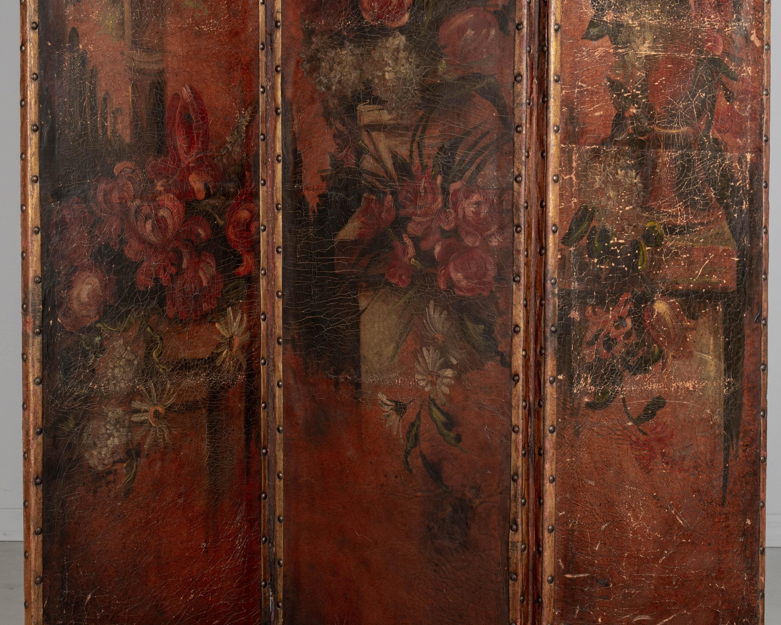 Vintage Spanish Baroque Painted Leather Folding Screen - 4
