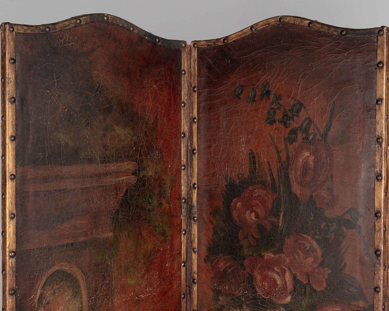 Vintage Spanish Baroque Painted Leather Folding Screen - 5