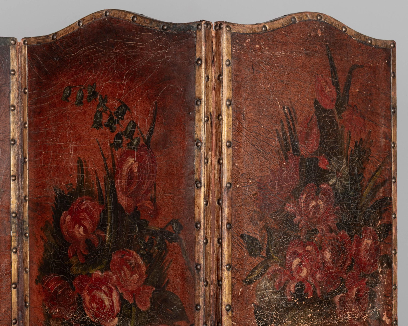 Vintage Spanish Baroque Painted Leather Folding Screen - 6