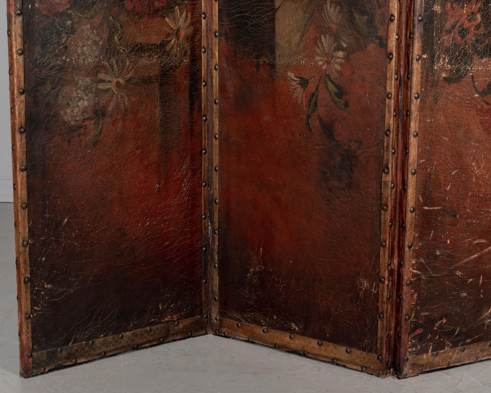 Vintage Spanish Baroque Painted Leather Folding Screen - 7