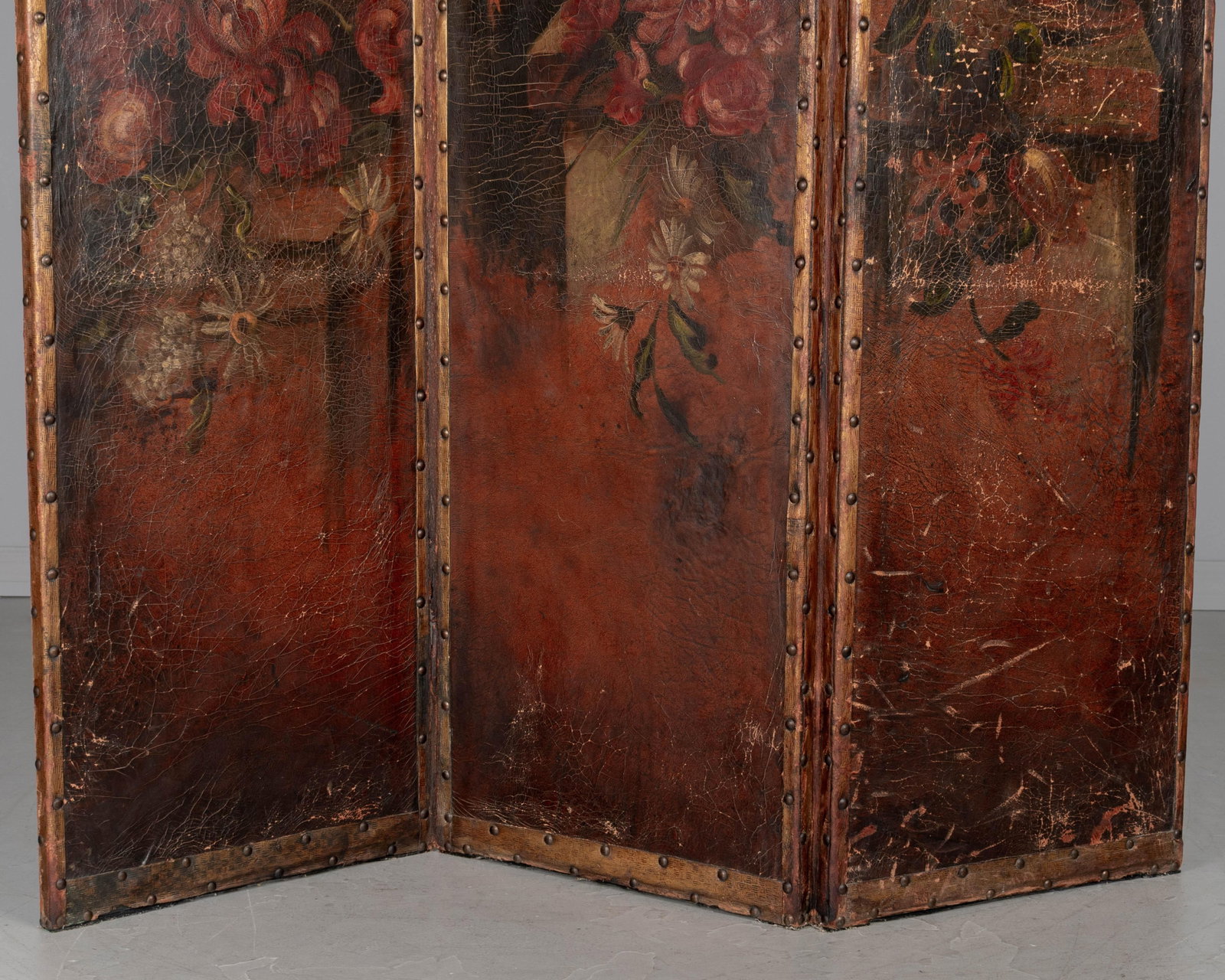 Vintage Spanish Baroque Painted Leather Folding Screen - 8