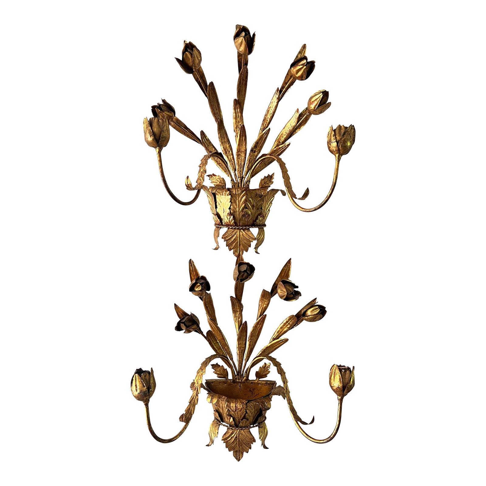 1960s Pair of Italian Gilt Tole Candle Sconces: This is an absolutely stunning pair of vintage / mid-century toleware candle sconces that are tagged as Italian but are in that whimsical style of a basket of tulips, with the tulips doubling as candl