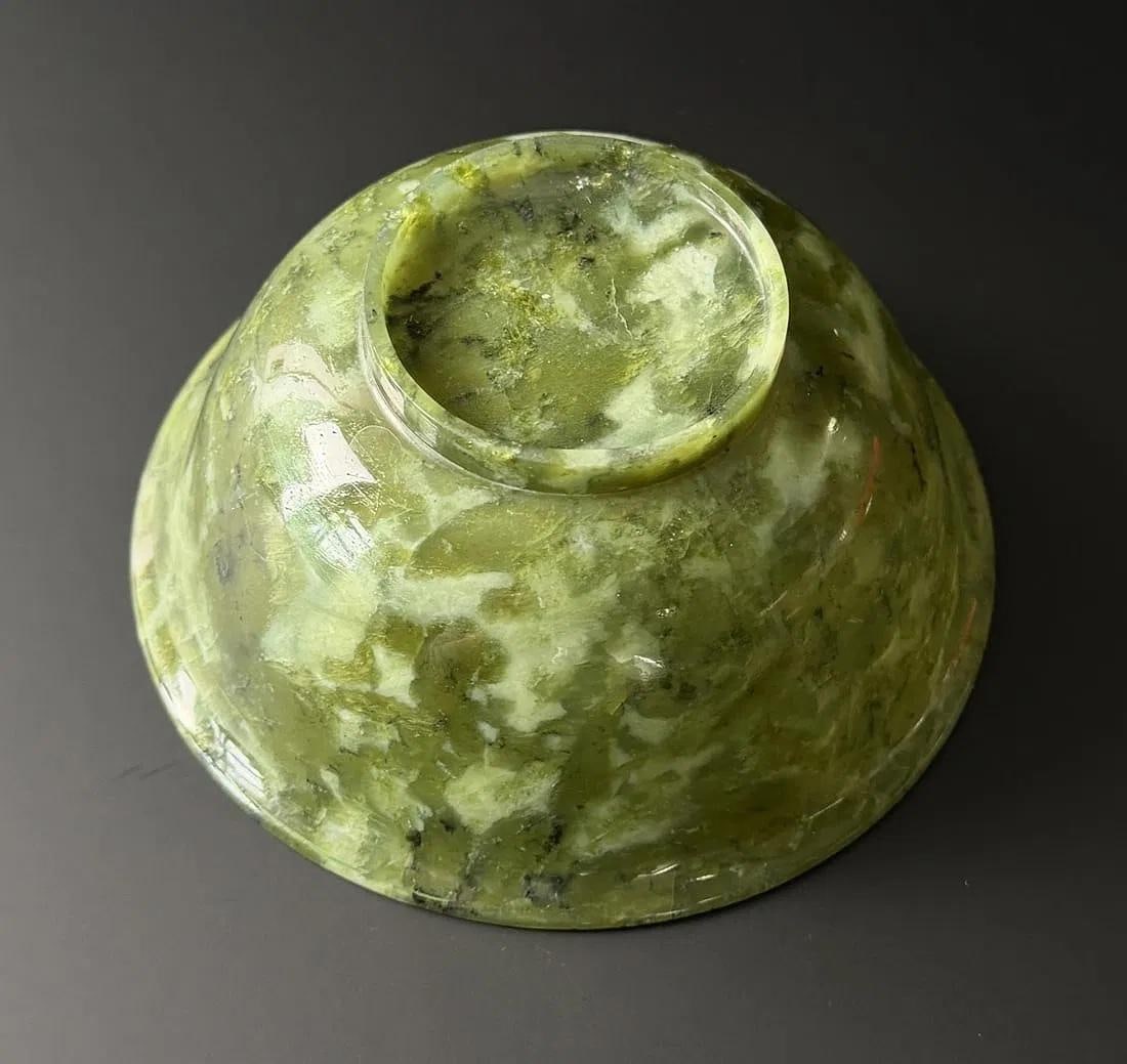 Antique Chinese Carved Spinach Jade Bowl - 10