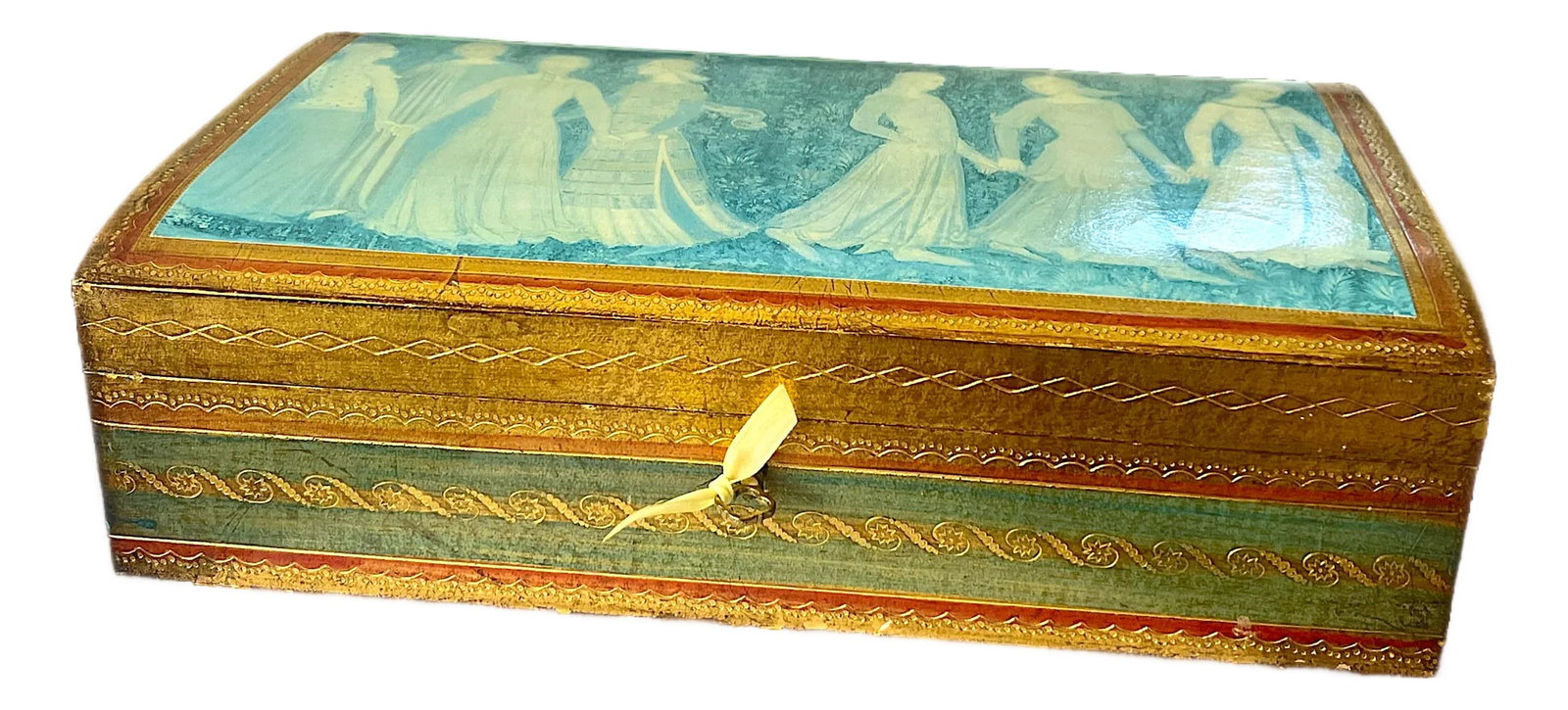 Large Vintage Italian Giltwood Decorative Box With Lock & Key for Gump's San Francisco: A beautifully crafted Italian decorative box retailed by Gump's San Francisco, featuring a softly domed lid adorned with a romantic Renaissance-inspired scene of maidens in procession. Hand-finished