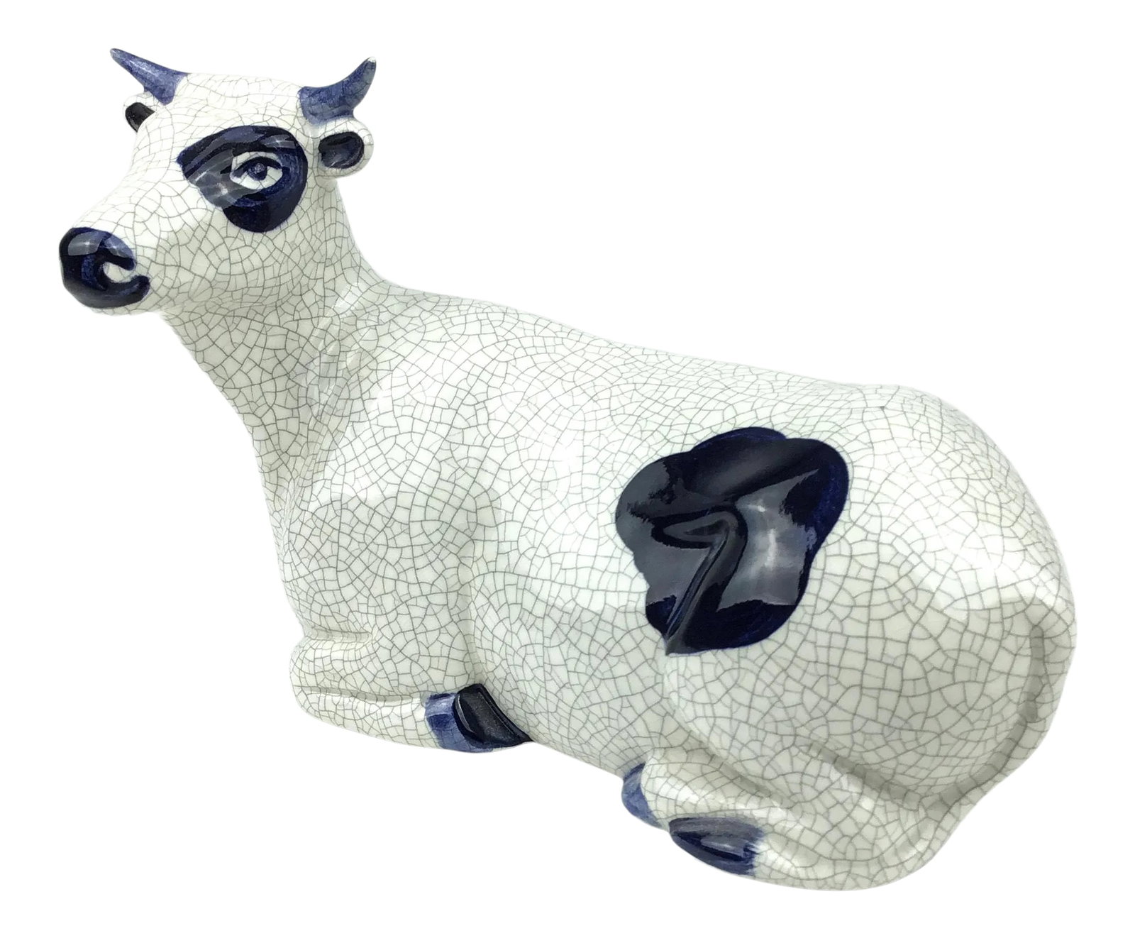 Vintage Hand Fired Artisan Pottery Cow From the Manger: This is a vintage piece which was produced by the potting shed in Massachusetts. Dedham pottery is a collectible item and each piece is hand painted and signed. These are collectible and becoming more