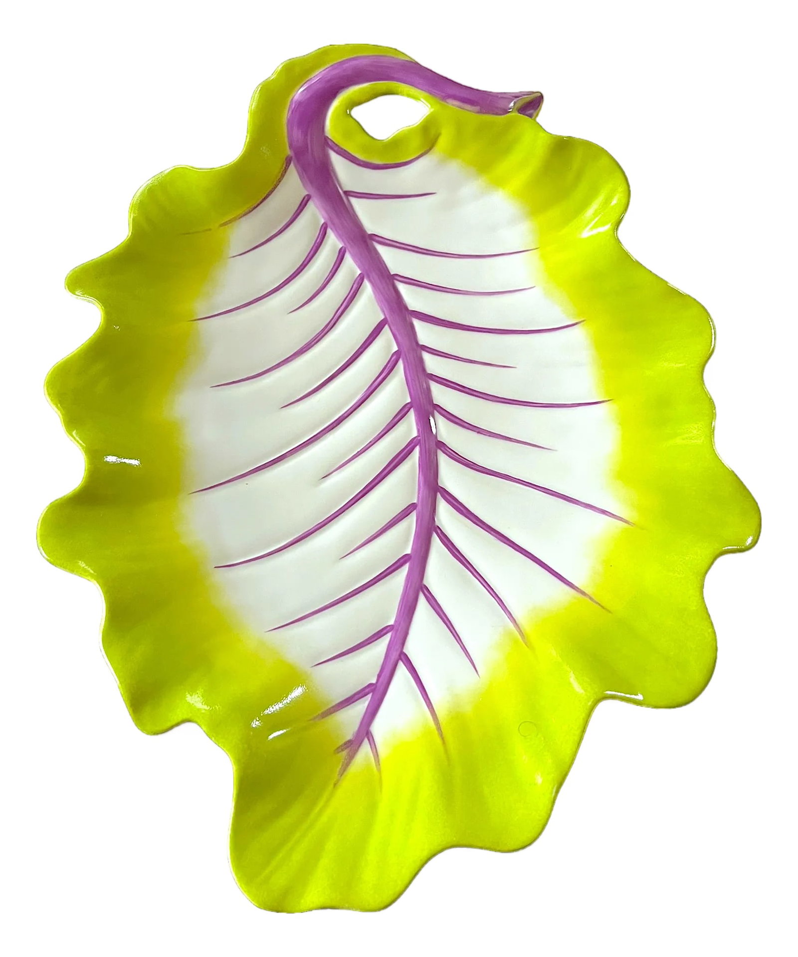 Vintage Williamsburg Global Views Majolica Radicchio-Inspired Cabbage Leaf Platter in Chartreuse & V: A wonderfully whimsical majolica-style leaf platter by Global Views for the Williamsburg collection, featuring an exuberant chartreuse ground with striking violet veining and sculptural organic form.