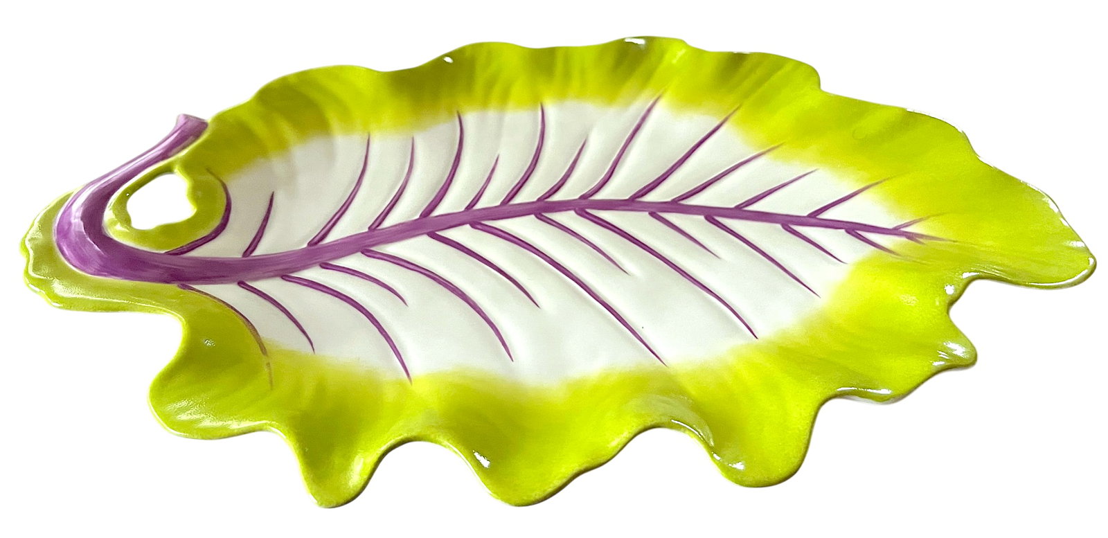 Vintage Williamsburg Global Views Majolica Radicchio-Inspired Cabbage Leaf Platter in Chartreuse & V - 2