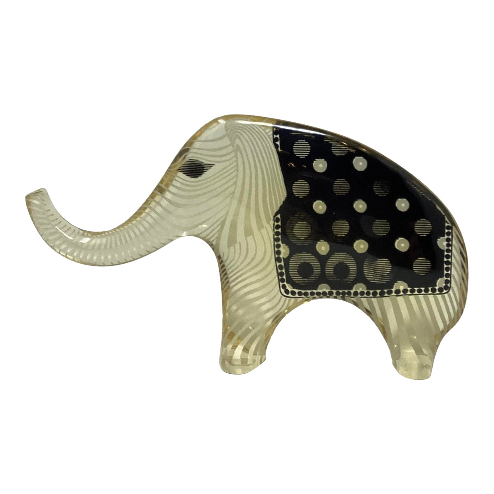 Vintage Abraham Palatnik Large Optical Art Lucite Sculpture of an Elephant: Vintage Abraham Palatnik Mid-Century Optical Lucite Sculpture of an Elephant, featuring intricate internal zebra stripes and a unique black patterned "blanket" on its side. Abramham Palatnik was a Bra